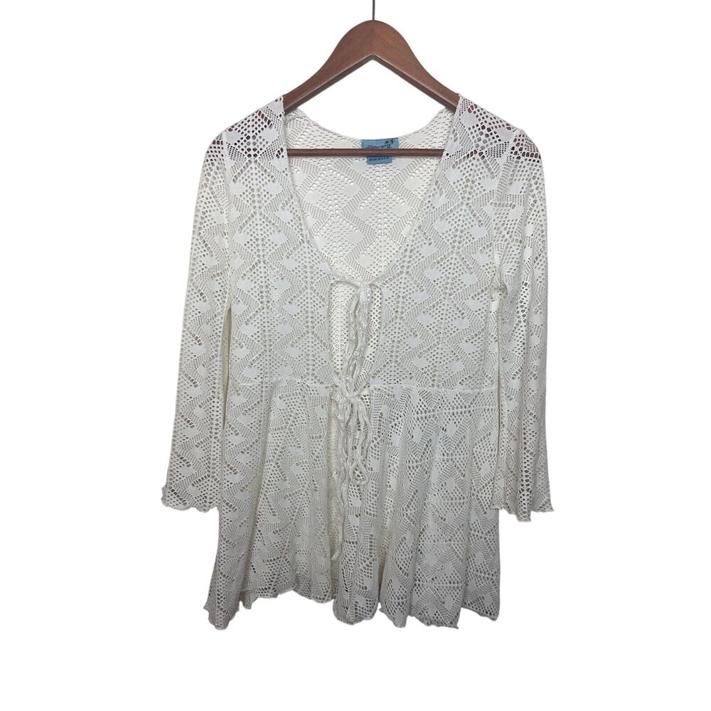 Letarte Handmade Lace Coverup Tunic Women’s Small White Bell Sleeves Tie Front